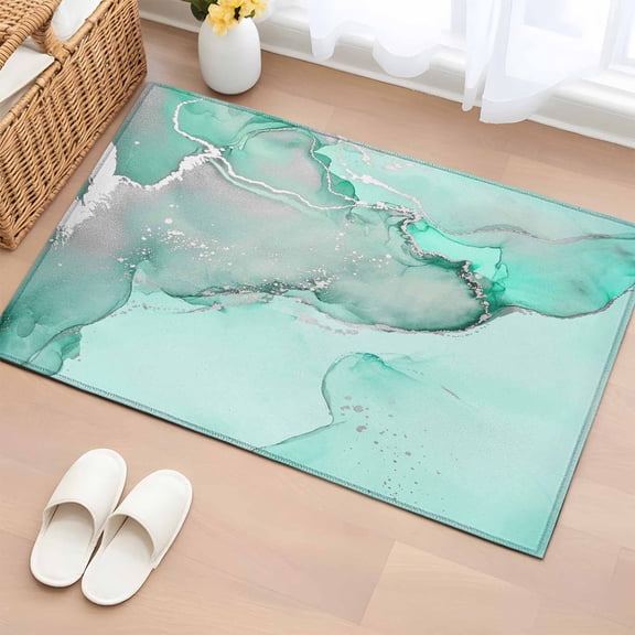 Aqua Marble Bathroom Mats 2x3 FT, Non Slip Small Kitchen Mat, Modern Abstract Waves Silvery Farmhouse Washable Soft Backed Front Door Throw Rugs Non-Shedding Indoor Outdoor Doormat for Entryway Sink