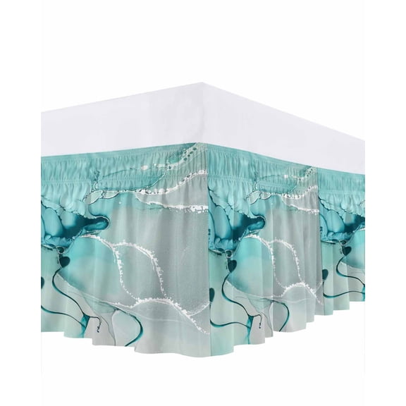 Aqua Marble Bed Skirt Queen Size, Modern Abstract Gradient Water Fluid Art Wrap Around Bed Skirting with Adjustable Elastic Strap, Dust Ruffle Pleated Bedskirts 16 Inch Drop for Bedroom Queen Beds