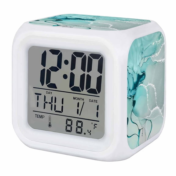 Aqua Marble Digital Alarm Clock for Bedrooms, Smart LED Alarm Clock with 7 Color Changing Night Light, Modern Abstract Gradient Water Fluid Art Silent Wake Up Clocks for Sleep Study Cooking 3.2"x3.2"