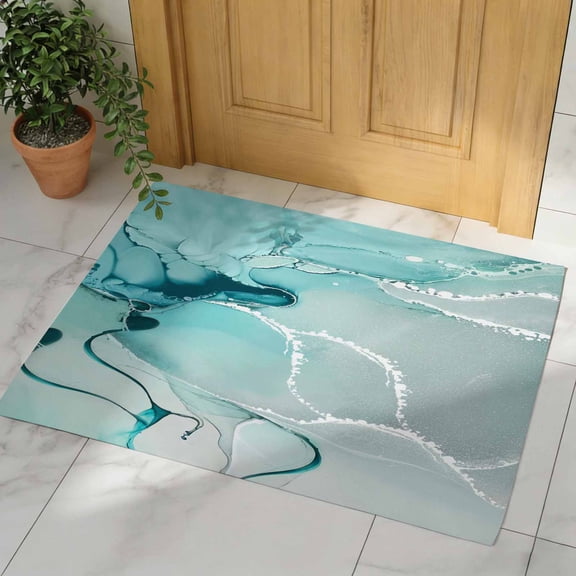 Aqua Marble Door Mat, Non Slip Bathroom Rugs, Modern Abstract Gradient Water Fluid Art Absorbent Floor Mats, Washable Runner Rug Indoor Doormat for Front Door Entrance, Patio, Garage 16"x24"