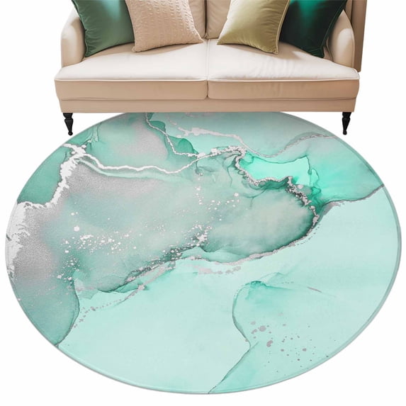 Aqua Marble Large Area Rugs for Bedroom Living Room, Soft Non Slip Carpet Bedside Rug, Modern Abstract Waves Silvery Farmhouse Round Floor Cover Kitchen Accent Rug 8' for Dining Room/Office