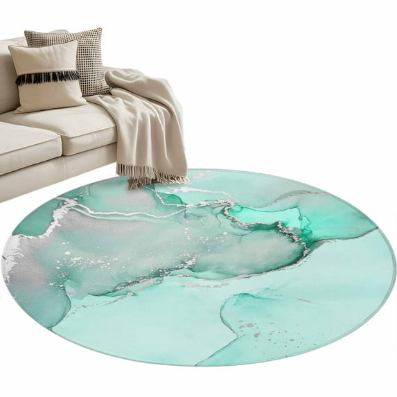 Aqua Marble Large Area Rugs for Bedroom Living Room, Soft Non Slip Carpet Bedside Rug, Modern Abstract Waves Silvery Farmhouse Round Floor Cover Kitchen Accent Rug 3' for Dining Room/Office