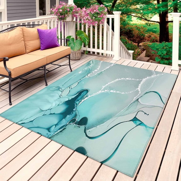 Aqua Marble Outdoor Rug 3x5 Ft, Non Slip Washable Area Rug, Modern Abstract Gradient Water Fluid Art Patio Rugs Carpet Runner, Large Floor Mat for Indoor/Outdoor Deck Porch Camping