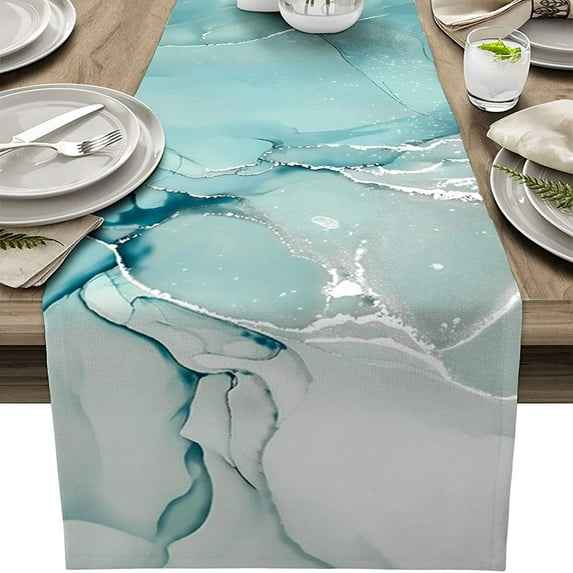 Aqua Marble Print Linen Table Runner for Dining Room Kitchen Holiday Party Table Decor 13"x72"