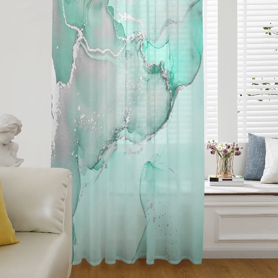 Aqua Marble Sheer Curtains 72 Inch Length, Light Filtering Voile Curtain Panel, Modern Abstract Waves Silvery Farmhouse Rod Pocket Drapes Window Treatments for Living Room Bedroom 52"x72"