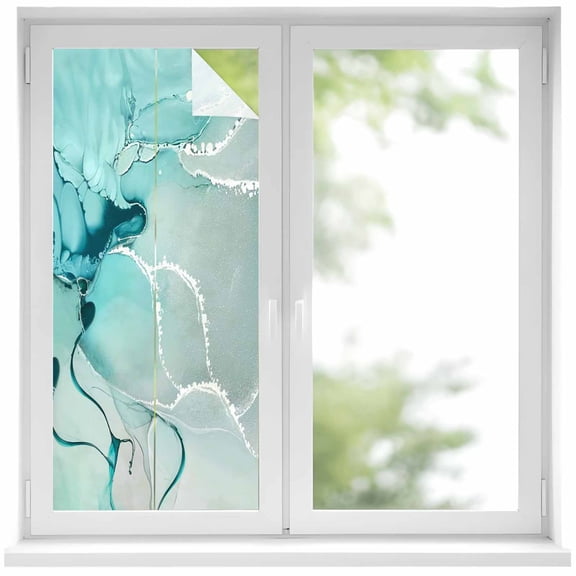 Aqua Marble Window Privacy Film, Modern Abstract Gradient Water Fluid Art Static Cling UV Sun Blocking Heat Control Window Tint Day and Night, Non-Adhesive One Way Windows Privacy Cover 19.6''x39.3''