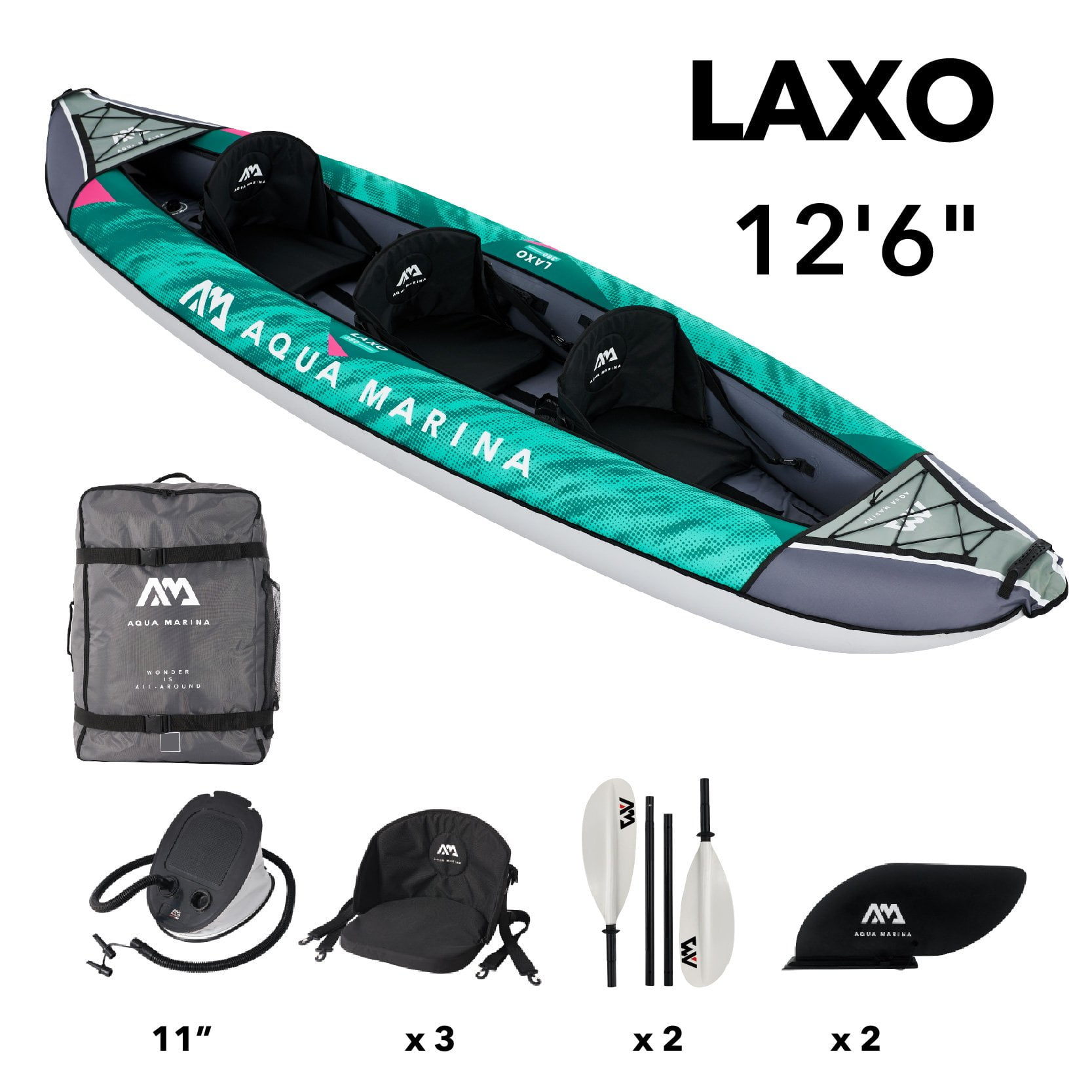 Aqua Marina, 3 Person, RECREATIONAL KAYAK - LAXO 12’6″ - Inflatable KAYAK Package, including Carry Bag, Paddle, Fin, Pump & Safety Harness