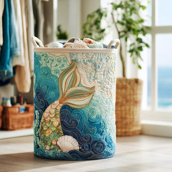 Aqua Mist Quilted Laundry Basket, Clothes Hamper Storage BagHousewarming Gift Ideas, Gift For Mom