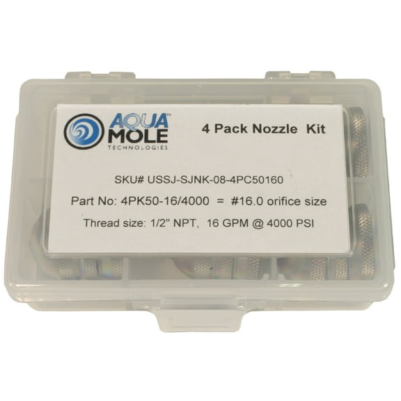 Aqua Mole (4) Pack 1/2" NPT Button Nose Sewer Jetter Nozzle 4000 PSI 16 Orifice