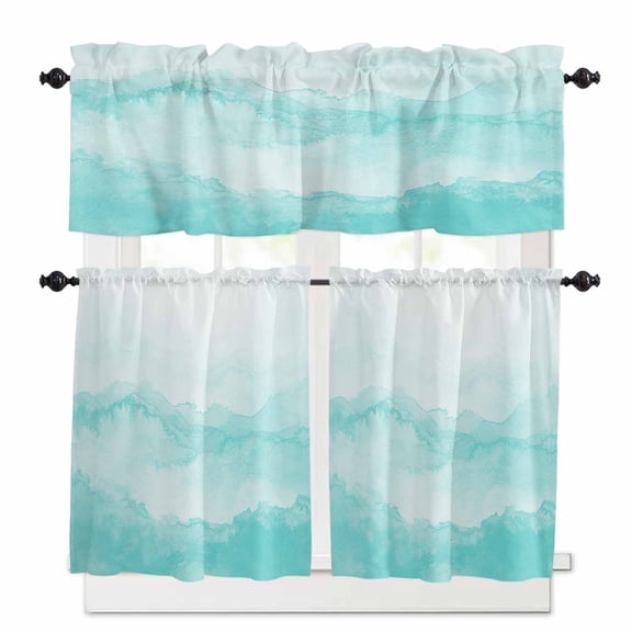 Aqua Mountain Gradient Kitchen Curtains Valances and Tiers Set of 3, 24 Inch Length Tier Curtains and Valance Rod Pocket Valance Curtains Set for Kitchen Bathroom Small Windows