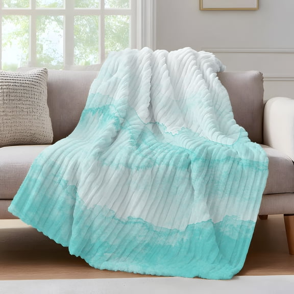 Aqua Mountain Gradient Throw Blanket for Couch Watercolor Texture Abstract Art Soft and Warm Flannel 3D Striped Fluffy Fuzzy Fleece Blanket Lightweight Throw for Bed, Sofa 30 x 40 Inches