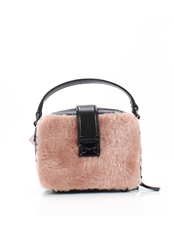 NEW Black Pink Tada Square Shearling Leather Crossbody Purse
