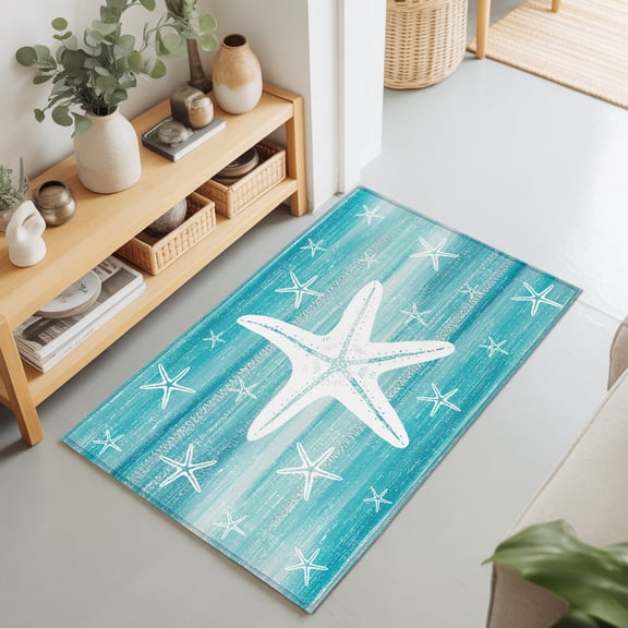 Aqua Nautical Starfish 2'x3' Rug for Entryway Front Door Kitchen Sink Area, Coastal Modern Summer Marine Life Low Pile Washable Non Slip Rectangle Area Rug