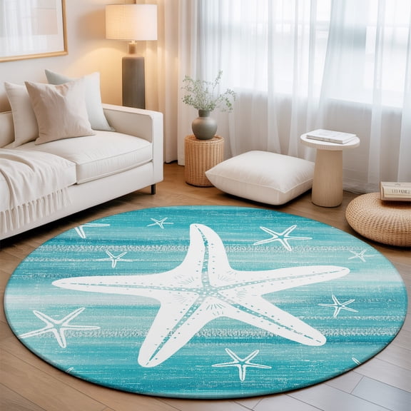 Aqua Nautical Starfish 3.3' Round Rug for Bedroom Reading Corner, Coastal Modern Summer Marine Life Washable Non Slip Circle Area Rug
