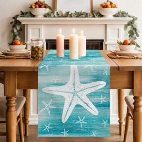 Aqua Nautical Starfish Dining Table Runner, Coastal Modern Summer Marine Life Washable Table Runners Kitchen Coffee Table Center Decor for Home Party Holiday Wedding 13 x 36 Inches