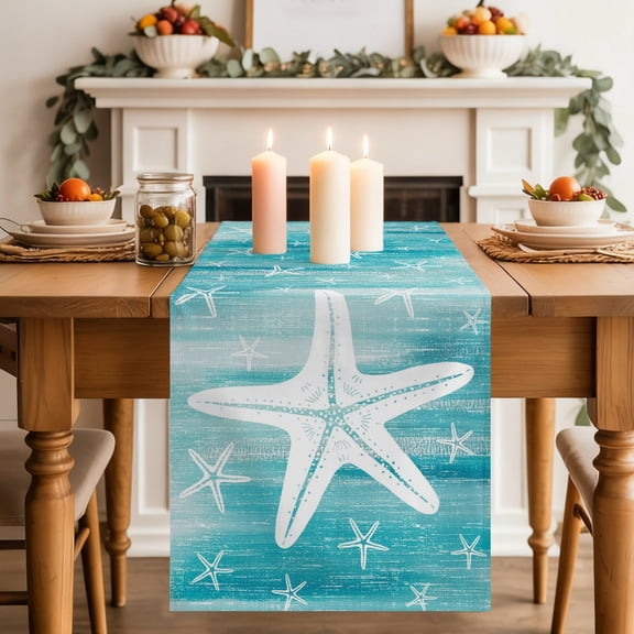 Aqua Nautical Starfish Dining Table Runner, Coastal Modern Summer Marine Life Washable Table Runners Kitchen Coffee Table Center Decor for Home Party Holiday Wedding 13 x 108 Inches