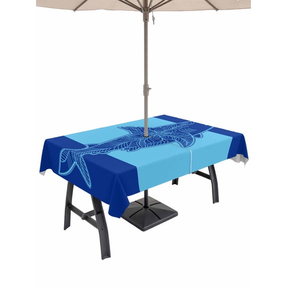 Aqua Navy Blue Shark Outdoor Tablecloth with Umbrella Hole, Summer Beach Coastal Modern Art Spillproof Waterproof Outdoor Table Cover, Patio Tablecloths for Party Picnic Camping, Rectangle 54"x80"