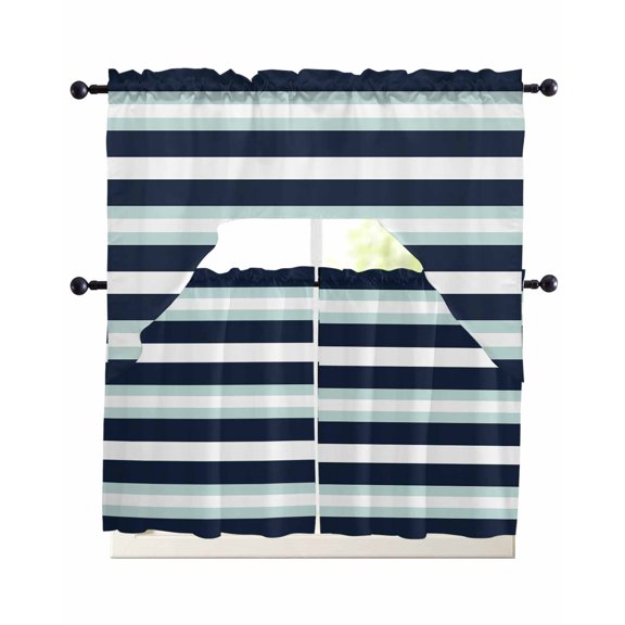 Aqua Navy Blue Striped Kitchen Curtains Set for Windows 3 Piece Cafe Curtains 36 Inch Length Swag Curtains Valances and Tier Set Modern Abstract Lines Geometric Drapes for Bedroom Bathroom