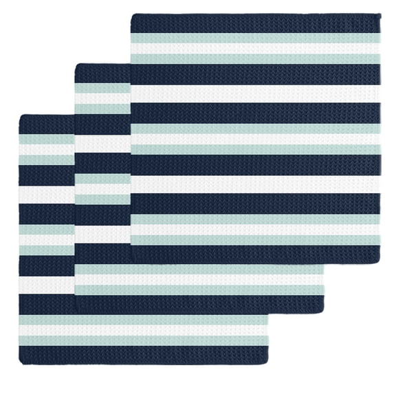 Aqua Navy Blue Striped Kitchen Dish Towels for Drying Dishes Set of 3, Modern Abstract Lines Geometric Waffle Weave Microfiber Hand Tea Bathroom Towels Quick Dry & Absorbent Towel 12x12