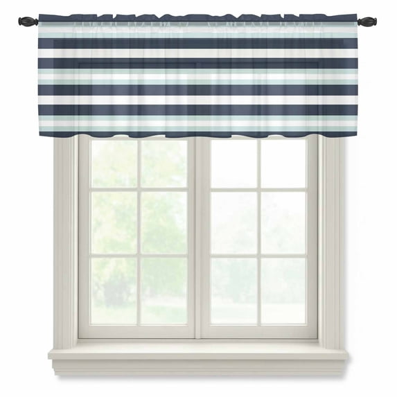 Aqua Navy Blue Striped Sheer Curtains Valances for Windows Modern Abstract Lines Geometric Chiffon Kitchen Valances for Cafe, Voile Window Treatments Curtains for Living Room Bedroom, 54"x18"