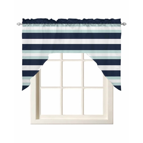 Aqua Navy Blue Striped Swag Curtains for Kitchen Modern Abstract Lines Geometric Valances for Windows Rod Pocket Small Window Treatment Topper for Cafe Bedroom Bathroom Living Room Decor 56x36 Inch