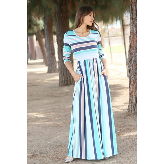 Aqua & Navy Stripe 3/4 Sleeve Maxi Dress