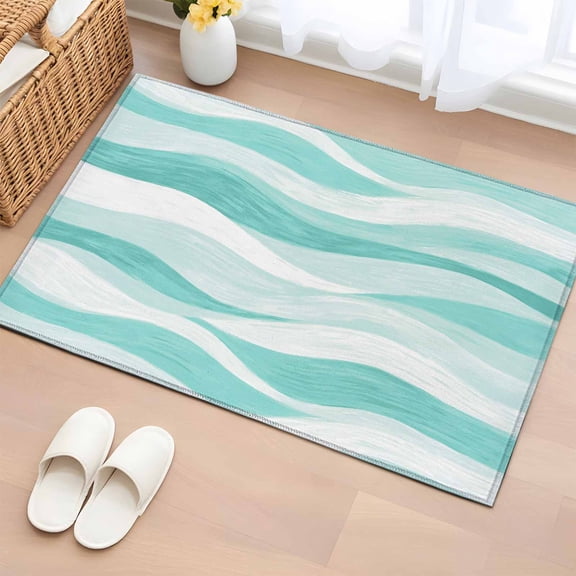 Aqua Ocean Waves 2'x3' Rug for Entryway Front Door Kitchen Sink Area, Abstract Modern Ombre Stripes Low Pile Washable Non Slip Rectangle Area Rug