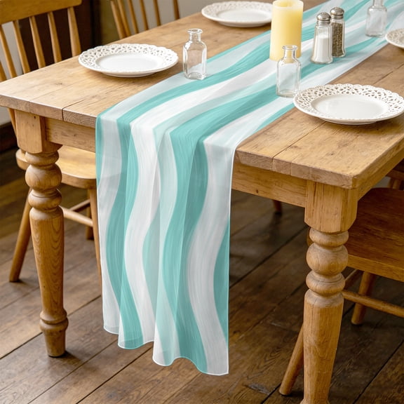Aqua Ocean Waves 4.5ft Cheesecloth Table Runner for Wedding 19"x55", Abstract Modern Ombre Stripes Kitchen Dinner Sheer Tulle Chiffon Dresser Scarf, Holiday Party Decorations