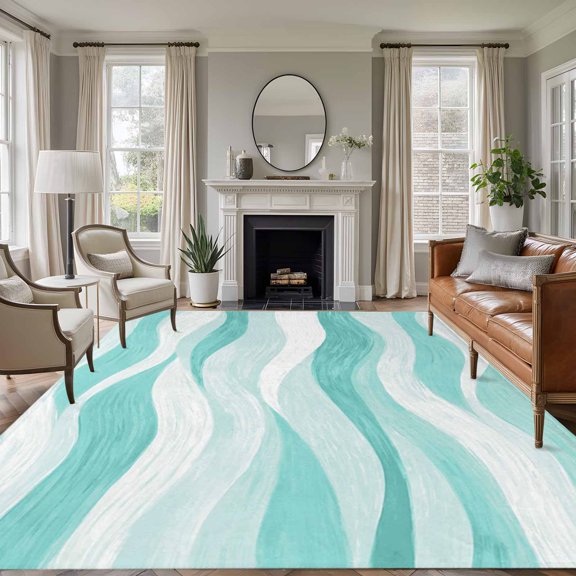 Aqua Ocean Waves 8'x10' Large Area Rug for Living Room Sectional Sofa, Abstract Modern Ombre Stripes Washable Non Slip Low Pile Rectangle Area Rug