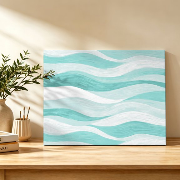 Aqua Ocean Waves Canvas Wall Art, Abstract Modern Ombre Stripes Wall Art Prints Artwork Framed Canvas Ready to Hang Art Pictures for Bathroom, Dressing Table, Entryway 12" x 8"
