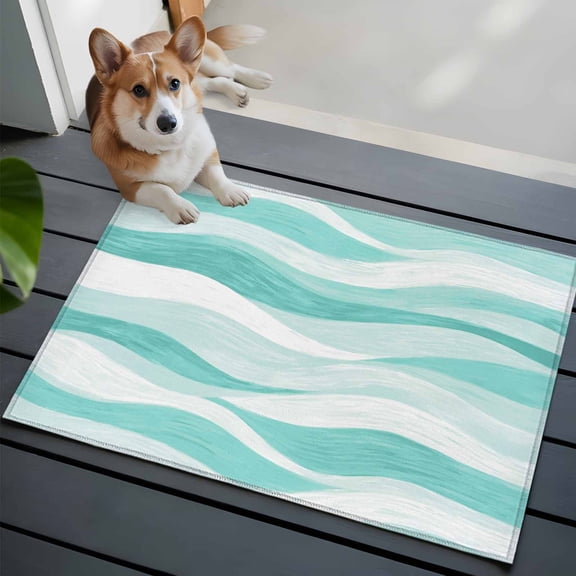Aqua Ocean Waves Washable Entry Rug 2x3 Abstract Modern Ombre Stripes Low Pile Indoor Door Mat with Rubber Backing Thin Area Rug for for Entrance, Bedroom, Kitchen, Laundry, Bathroom