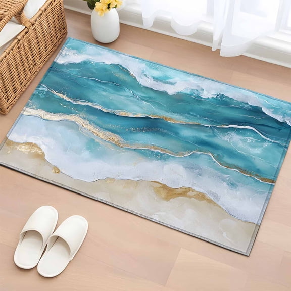Aqua Ombre Beach 2'x3' Washable Rug, Coastal Nautical Summer Seaside Non-Slip Soft Doormat Area Rugs for Entrance Bathroom Bedsides, Front Doormat Carpet for Kitchen Bedroom, Entryway Floor Mat