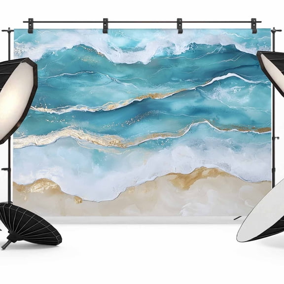 Aqua Ombre Beach Backdrop for Photography,Fabric Photo Background Backdrop,Coastal Nautical Summer Seaside Photo Booth Background for Portrait Photoshoot Video Wedding Studio Decoration Banner 7x5ft