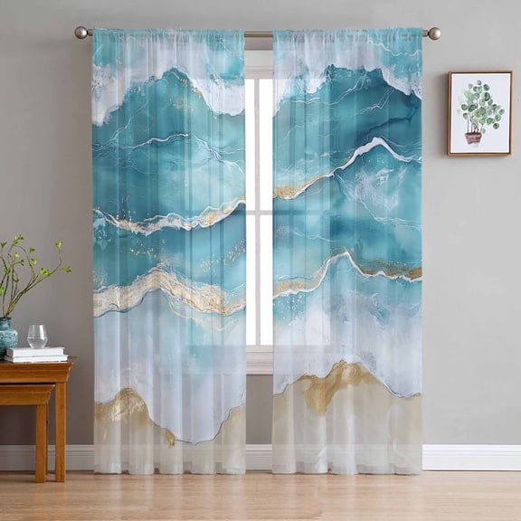 Aqua Ombre Beach Sheer Curtains 108 Inch Length 2 Panels Set for Living Room/Bedroom, Coastal Nautical Summer Seaside Semi Curtain Sheers Drapes Rod Pocket Curtains Window Treatment Set 52''x108''x2