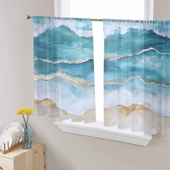 Aqua Ombre Beach Sheer Curtains 45 Inch Length 2 Panels Set for Living Room/Bedroom, Coastal Nautical Summer Seaside Semi Curtain Sheers Drapes Rod Pocket Curtains Window Treatment Set 52''x45''x2