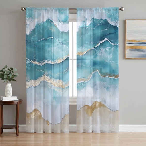 Aqua Ombre Beach Sheer Curtains 72 Inch Length 2 Panels Set, Coastal Nautical Summer Seaside Voile Window Treatment Rod Pocket Curtains Sheers Drapes for Bedroom/Living Room/Kitchen 52"x72"x2