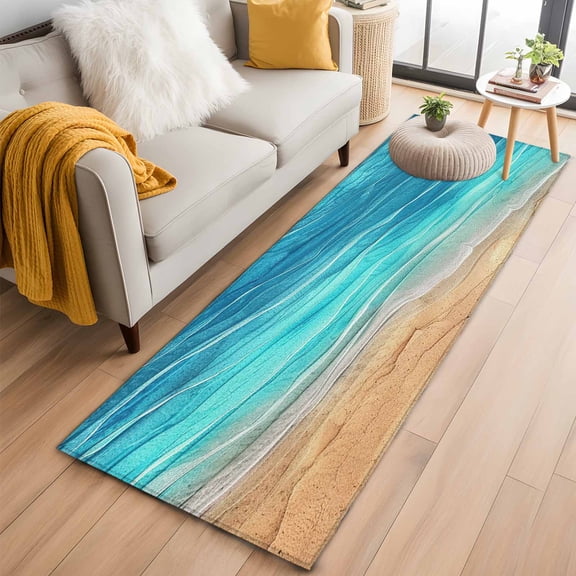 Aqua Ombre Coastal Hallway Runner Rug 2'x6', Non Slip Area Rugs for Entryway, Summer Nautical Beach Ocean Seaside Washable Low Pile Indoor Floor Carpet for Laundry Room Bedroom Kitchen Corridor