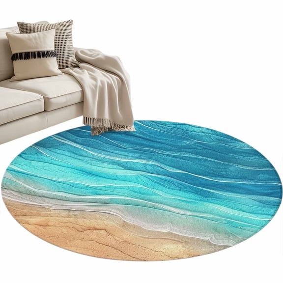 Aqua Ombre Coastal Large Area Rugs for Bedroom Living Room, Soft Non Slip Carpet Bedside Rug, Summer Nautical Beach Ocean Seaside Round Floor Cover Kitchen Accent Rug 4' for Dining Room/Office