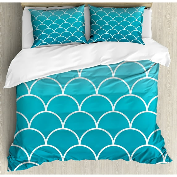 Aqua Ombre Duvet Cover Set, Fish Scale Design Squama with Blue Color Palette Mermaid Tail, Decorative 3 Piece Bedding Set with 2 Pillow Shams, Calking Size, Sea Blue Aqua and White, by Ambesonne