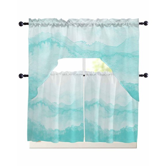 Aqua Ombre Mountain Kitchen Curtains Set for Windows 3 Piece Cafe Curtains 36 Inch Length Swag Curtains Valances and Tier Set Nature Abstract Art Marble Gradient Drapes for Bedroom Living Room