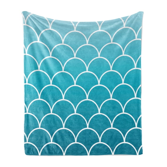 Aqua Ombre Soft Flannel Fleece Throw Blanket, Fish Scale Design Squama with Blue Color Palette Mermaid Tail, Cozy Plush for Indoor and Outdoor Use, 50" x 60", Sea Blue Aqua and White, by Ambesonne