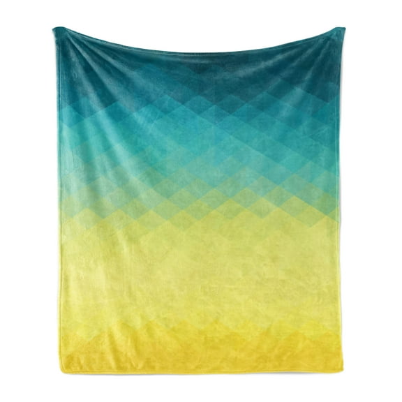 Aqua Ombre Soft Flannel Fleece Throw Blanket, Yellow and Aqua Color Palette Color Changes Mosaic Like Polygonal Design, Cozy Plush for Indoor and Outdoor Use, 70" x 90", Multicolor, by Ambesonne