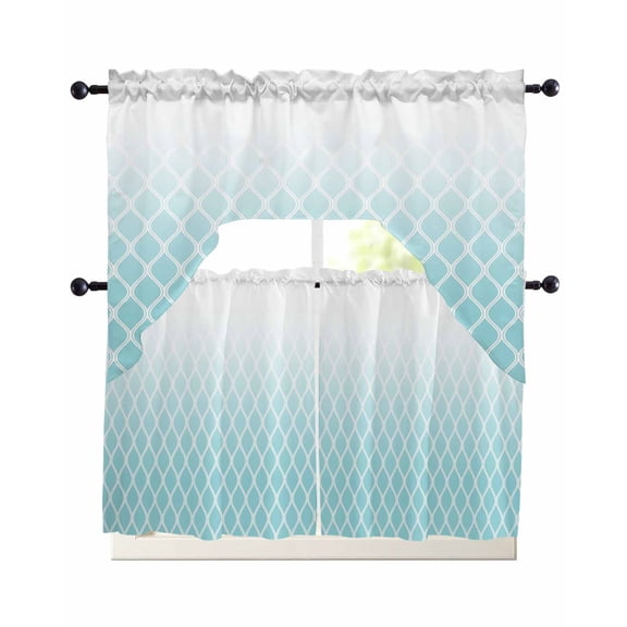 Aqua Ombre Stripe Kitchen Curtains Set for Windows 3 Piece Cafe Curtains 24 Inch Length Swag Curtains Valances and Tier Set Modern Abstract Art Gradient Striped Drapes for Bedroom Bathroom