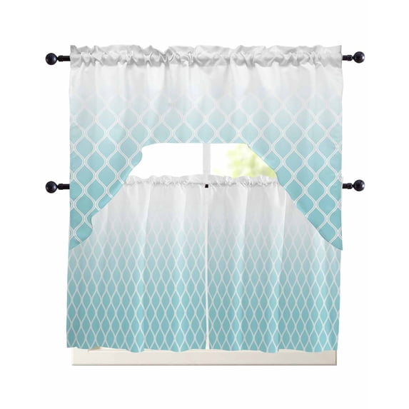 Aqua Ombre Stripe Swag Kitchen Curtains Sets for Windows 24 Inch Length, Modern Abstract Art Gradient Striped Short Window Curtain Panels Swags Valances and Tiers 3 Piece Set for Cafe/Dining Room