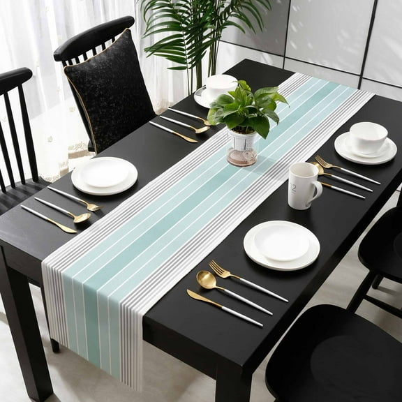 Aqua Ombre Stripes Cotton Linen Small Table Runner 13 x 36 inch Modern Abstract Stripes Aesthetic Non-slip Rectangular Dining Table Decor for Wedding Party Holiday Dinner
