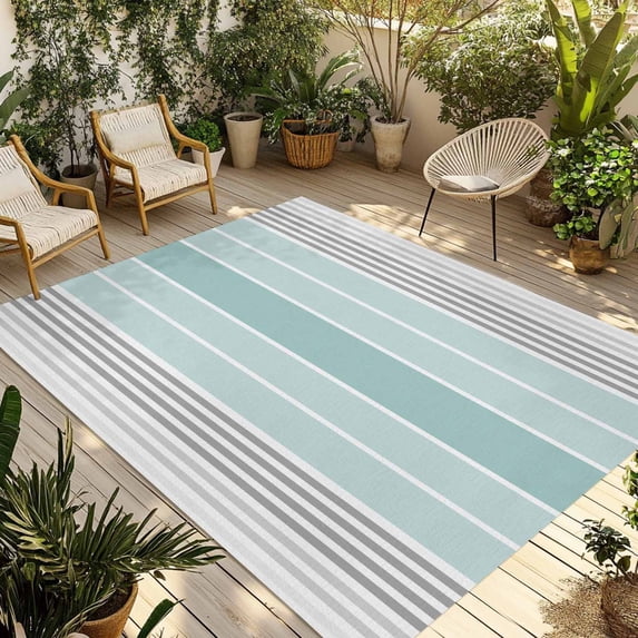 Aqua Ombre Stripes Outdoor Rug 6x9 Ft - Reversible Patio Rug Outdoor Camping Rugs, Modern Abstract Stripes Aesthetic Washable Indoor Outdoor Area Rugs, Non-Slip Outdoor Carpet Runner for Deck/Porch
