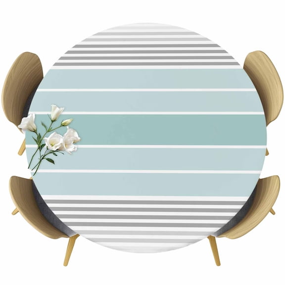 Aqua Ombre Stripes Round Tablecloth 45-54 Inch Round Fitted Table Cloth with Elastic Edge, Modern Abstract Stripes Aesthetic Waterproof Table Cover Protector for Outdoor Picnic Party Dining