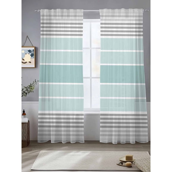 Aqua Ombre Stripes Sheer Curtains for Living Room Bedroom Modern Abstract Stripes Aesthetic Sheer Curtains 96 Inch Long 2 Panels Set Light Filtering Curtain Window Treatments Drapes for Dining Room