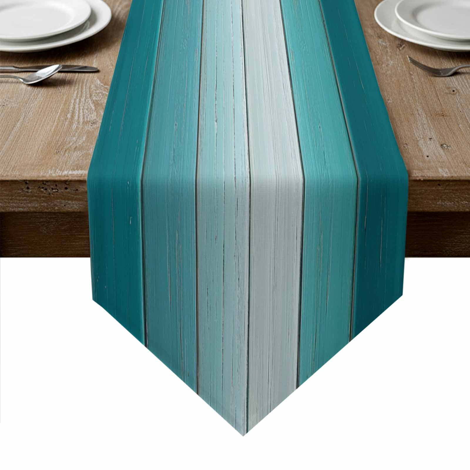 Aqua Ombre Table Runner Linen Burlap Table Runner 90 Inches Long Vintage Country Wooden Dresser Scarves for Kitchen Island Coffee Dining Room Party Wedding Banquet Holiday Decoration 13"x90"