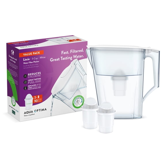 Aqua Optima Water Filter Pitcher Value Pack for Tap and Drinking Water with 3 Compact Filter, BPA Free, WQA Certified, Liscia Design (White)